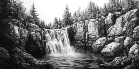 Majestic Waterfall Cascading Down Rocky Cliffs Amidst a Forest