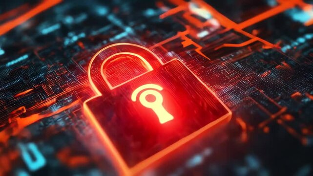 Digital lock symbolizing cyber security on glowing circuit board