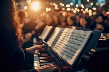 A creative depiction of a community choir practicing together, with sheet music and a piano in the background