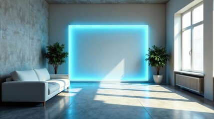 Modern minimalist living room interior design with a light blue illuminated wall feature and a contemporary white couch