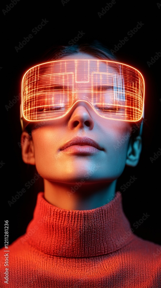 Poster Futuristic Mixed Reality Headset with Neon Data Overlay Immersive Digital Interfaces for Advanced Tech Integration in Professional Environments