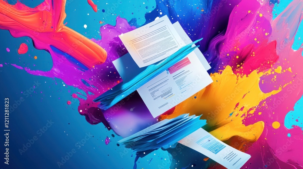 Poster vibrant color splash with documents: a dynamic visual representation of creative printing and design