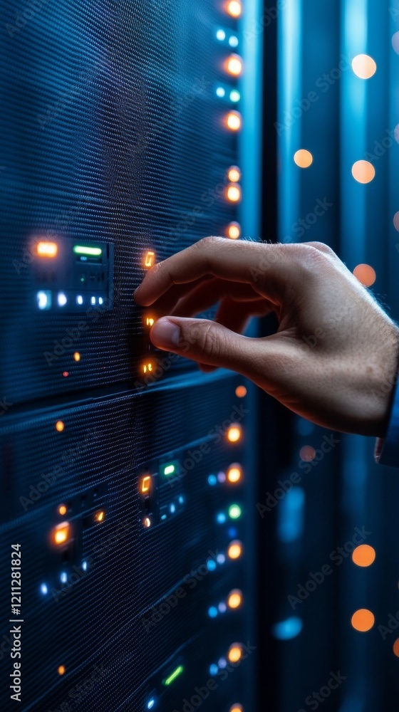 Aufkleber high-tech digital interface engineer interacting with led-lit network server panel - future-ready it