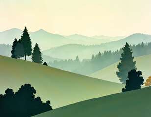 Fototapeta premium Serene Misty Mountain Landscape Green Hills Nature Scene