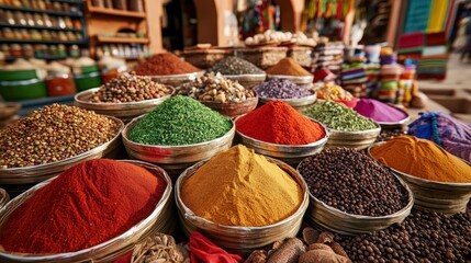 Fototapeta premium Vibrant Spices and Herbs at a Lively Market Stall