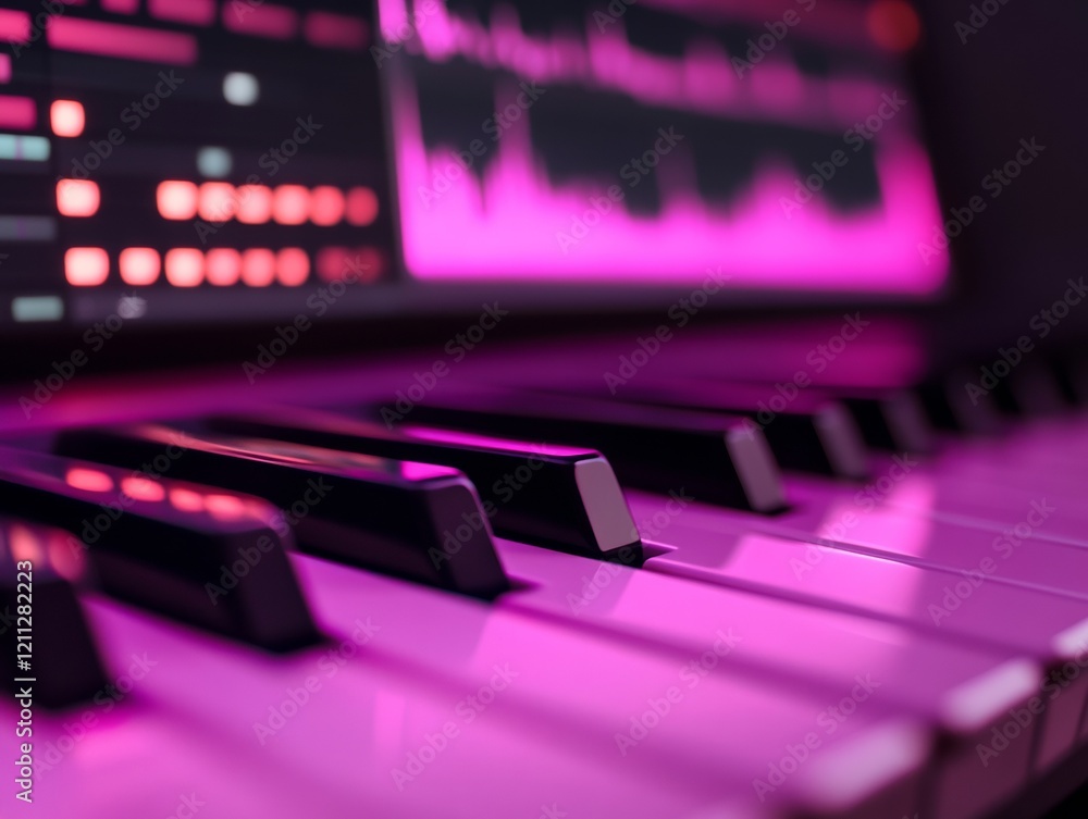 Leinwandbilder neon sound design focus midi keyboard with soft led glow and digital waveform display - innovating m