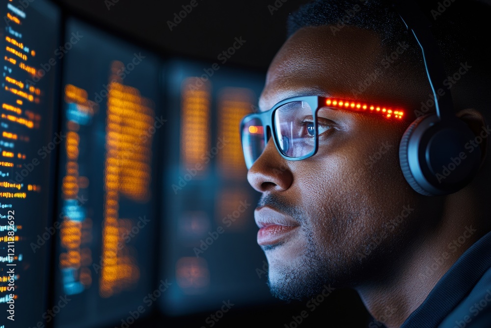 Poster Tech-Aesthetic Cybersecurity Hub IT Specialist in Dark Control Room with Monitors and Data Visuals - Advanced Crisis Management and Encrypted Connection Solutions