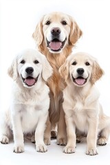 A family of Golden Retrievers, isolate on white background, showcasing their bond and joyful moments together.