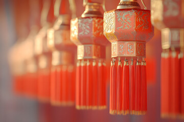 Perfectly aligned rows of Chinese red lanterns hanging in the night, glowing warmly