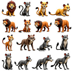 Fototapeta premium An illustrated collection of various animals, including lions, mice, foxes, and wolves, each depicted in different poses and vibrant colors. 3D-rendered style with bright and warm tones.