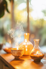 Diwali decorations, with burning oil lamps, blurred background, warm colors, on a wooden table