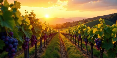 Fototapeta premium Golden Hour Vineyard Rows A picturesque sunset illuminates rows of grapevines heavy with ripening fruit, creating a breathtaking scene of agricultural beauty and tranquility.