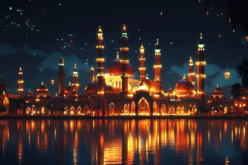 Naklejka premium A creative depiction of a mosque illuminated with lights during the last 10 nights of Ramadan
