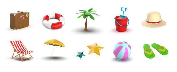 Beach Travel Must-Have Items on white background, 3d rendering