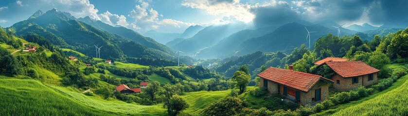 Obraz premium Breathtaking travel adventure in serene mountain valley panoramic landscape photography nature exploration vibrant greenery