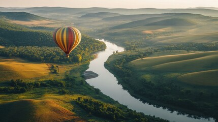 Obraz premium Serene Hot Air Balloon Ride Over a Picturesque River Valley