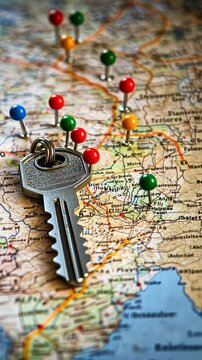 Exploring travel possibilities with a key and map highlighting destinations and plans