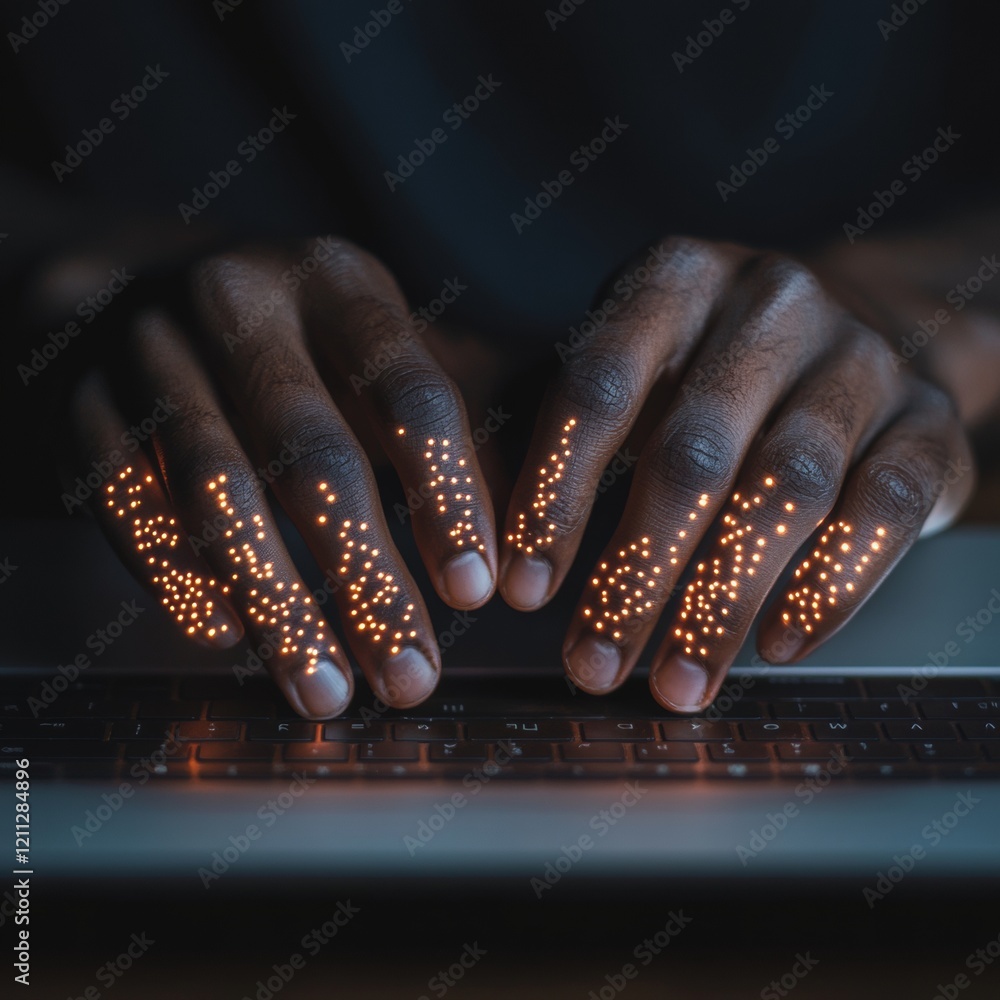 Leinwandbilder Futuristic Productivity Boost LED-Lit Keyboard with African American Hands Coding - Dynamic Business Tools and Tech-Powered Efficiency for Modern Remote Work