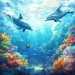 Fototapeta premium Dolphins Swim Gracefully Above Vibrant Coral Reefs