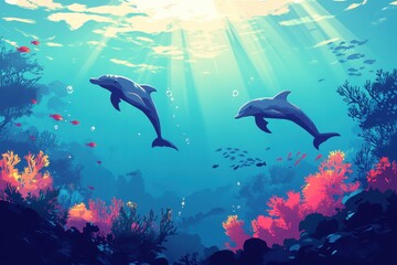 Fototapeta premium Dolphins swimming gracefully in a vibrant coral reef ocean