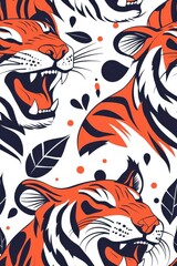 Fototapeta premium Flat style tiger in a seamless pattern, isolate on white background.