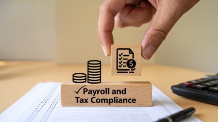 Hand Pointing at Payroll and Tax Compliance Documents and Calculator on Office Desk Highlighting Importance of Financial Planning and Regulatory Adherence in Business