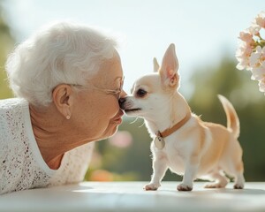 Charming Backyard Pet Safety Latina Senior Attaches ID Tag to Chihuahua on Rustic Table - Secure Home Solutions and Pet Care Awareness Marketing
