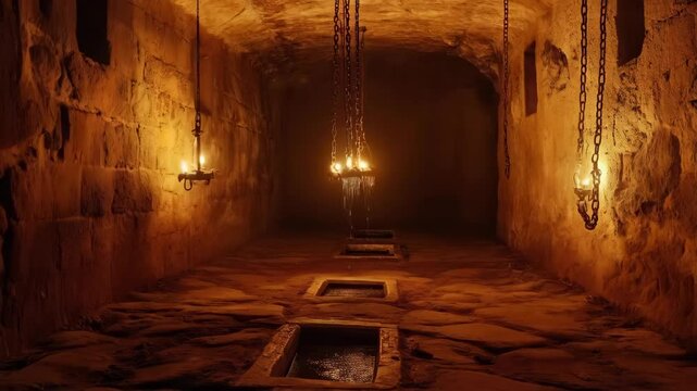 Ancient dungeon with flickering torchlight and suspended chains in stone corridor