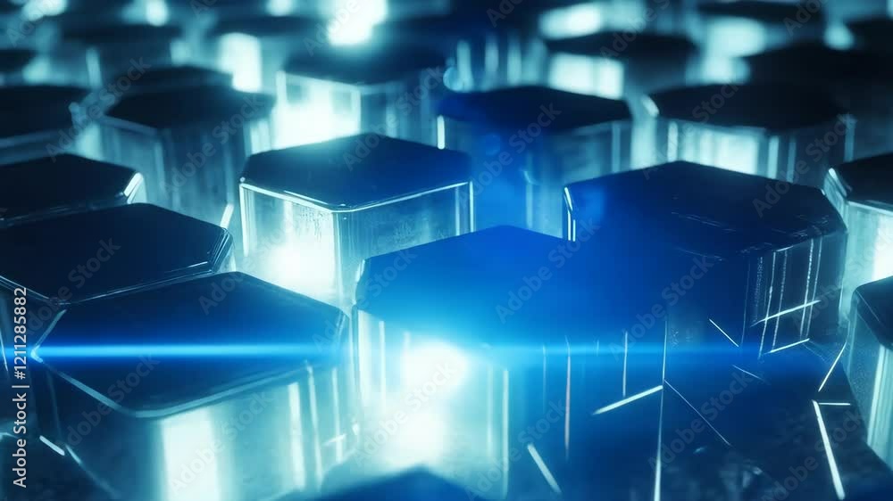 Poster dynamic hexagonal light pulse moving across shiny metallic surface