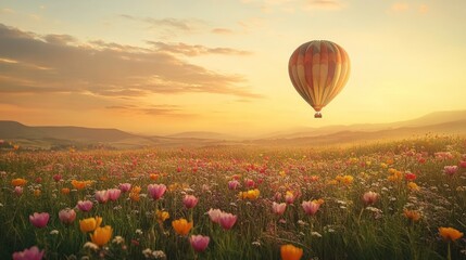 Fototapeta premium Hot Air Balloon Soaring Over a Vibrant Flower Field at Sunrise