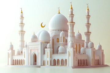 Obraz premium Islamic decoration background for Ramadan with lantern and mosque 3D rendering. 3D Illustration