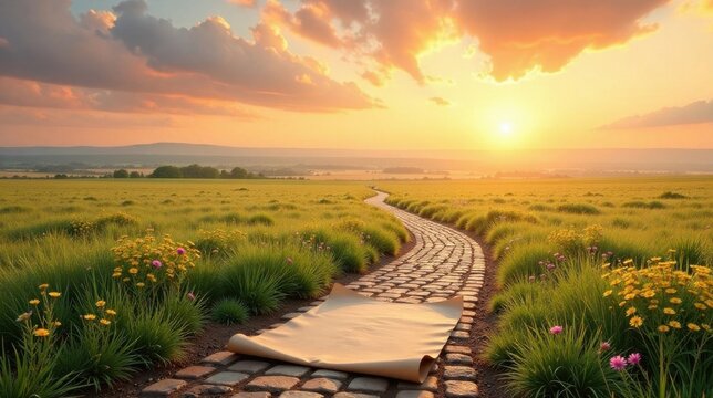 A sunlit path of stone winds through a vibrant meadow, a blank scroll rests invitingly in the golden light of a tranquil sunset, offering a sense of endless possibility and journey's beginning.