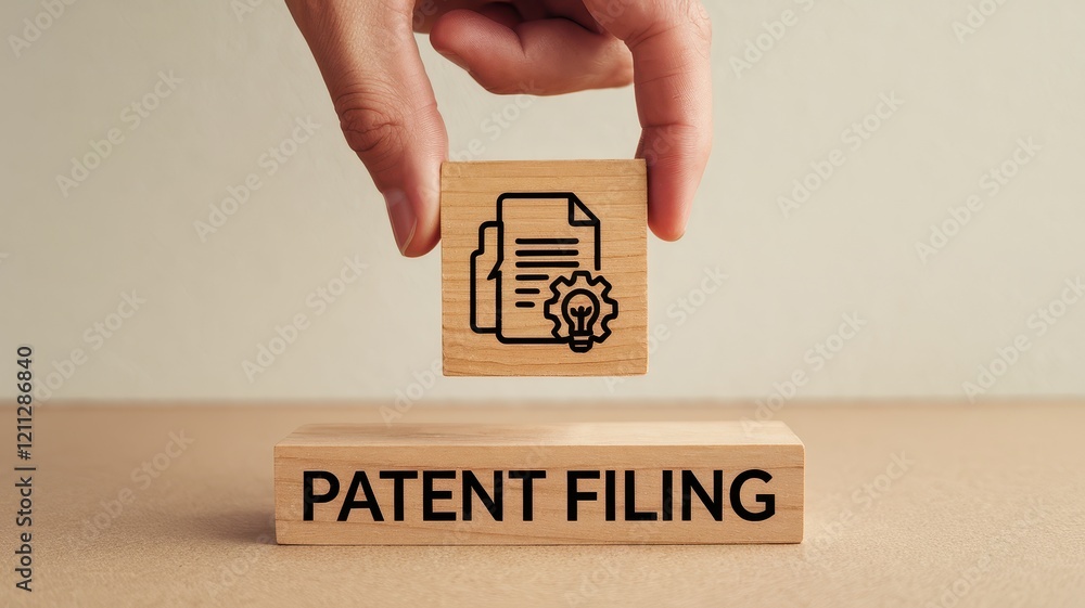 Poster hand pointing at wooden block with patent filing text on office desk workspace concept of intellectu