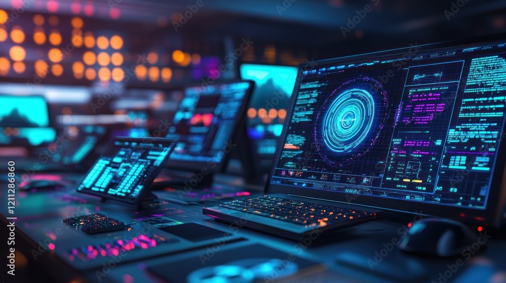 Poster futuristic tech control center: neon glow displays data streams