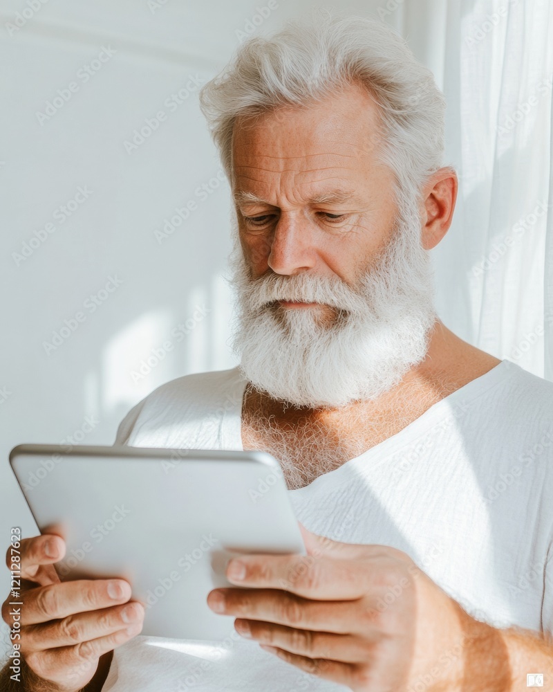 Aufkleber scandinavian minimalist home automation mature caucasian man with tablet configures smart curtains -