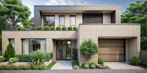 Fototapeta premium Modern two-story house with attached garage, landscaped front yard, and cream brick exterior