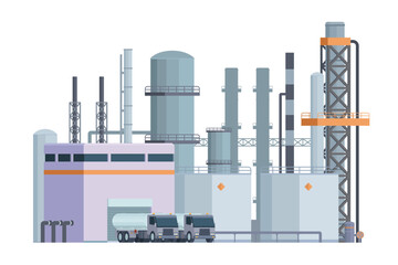 Oil Refinery Building Vector Illustration. Editable Chemical Factory Design with Modular Industrial Elements
