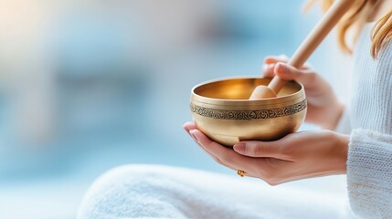 Close-up of a woman’s hands holding a golden singing bowl, tibetan singing bowls and healing meditations, therapy with a serene background, symbolizing mindfulness and relaxation