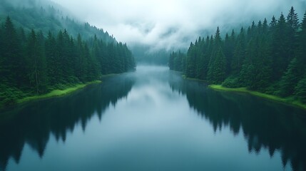 Fototapeta premium Aerial view of misty foggy lake in the mountains.