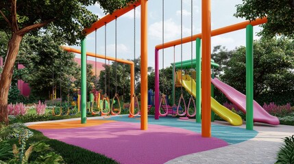 Vibrant playground swings slides beckon in a lush green park offering joyful outdoor fun for kids