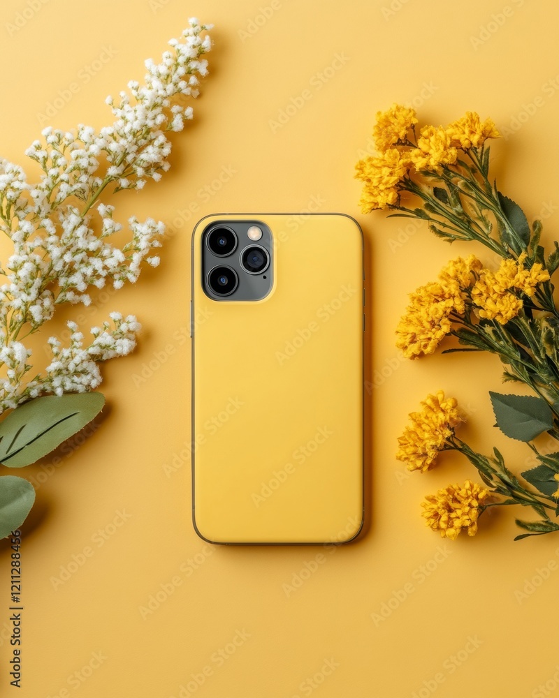 Poster minimalist tech expression vibrant smartphone and colorful florals on matte surface - creative conte