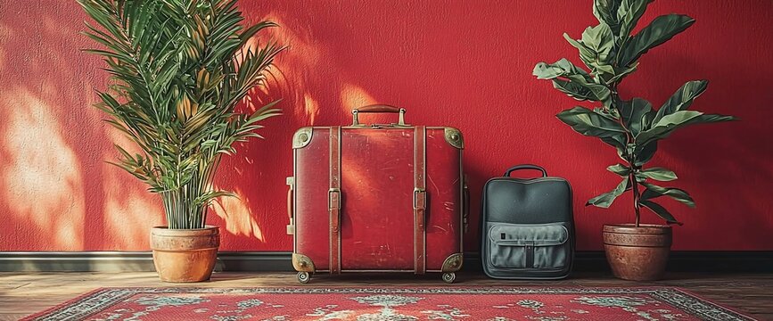 Vintage suitcase and backpack by plants against a red wall.