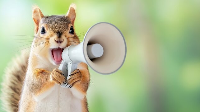 A lively squirrel holding a megaphone with an excited expression, Speaks loudly into a microphone, promotion, sale and discounts, message and important information