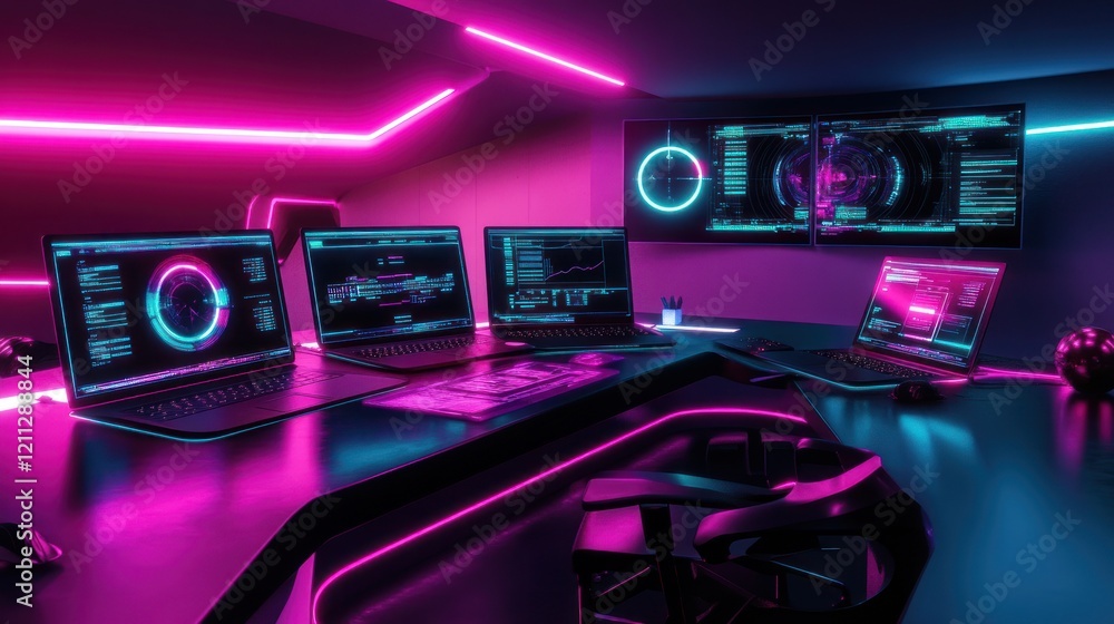 Poster neon cyberpunk hacker workspace: futuristic tech setup