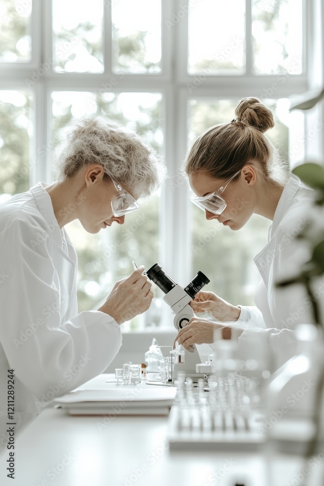 Aufkleber minimalist lab collaboration female researchers exploring microscope slides and data in bright, clea