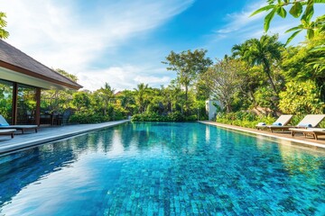 Obraz premium Serene Tropical Poolside Oasis with Lush Greenery and Bright Blue Sky Perfect for Relaxation and Leisure in a Modern Outdoor Setting