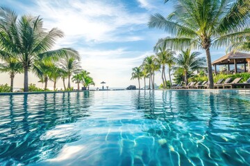 Serene Tropical Poolside Oasis with Palm Trees Under a Clear Blue Sky Reflecting Calm Waters in a Luxurious Resort Setting
