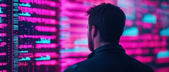 A focused individual analyzes complex data on a vibrant display, showcasing the intersection of technology and human insight.