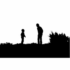 A man and a child are standing on a hill. The man is holding the child's hand