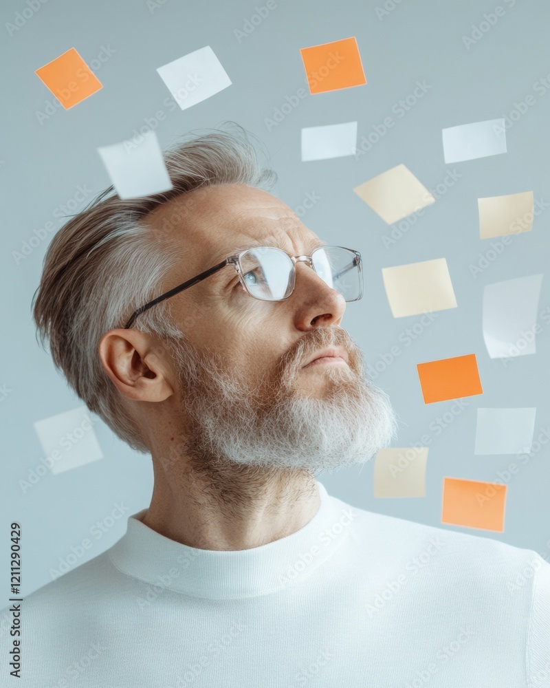 Poster Mid-Century Modern Brainstorming Reflective Glass and Colorful Sticky Notes - Innovative Content Creation for Business Strategy and Collaborative Workspaces